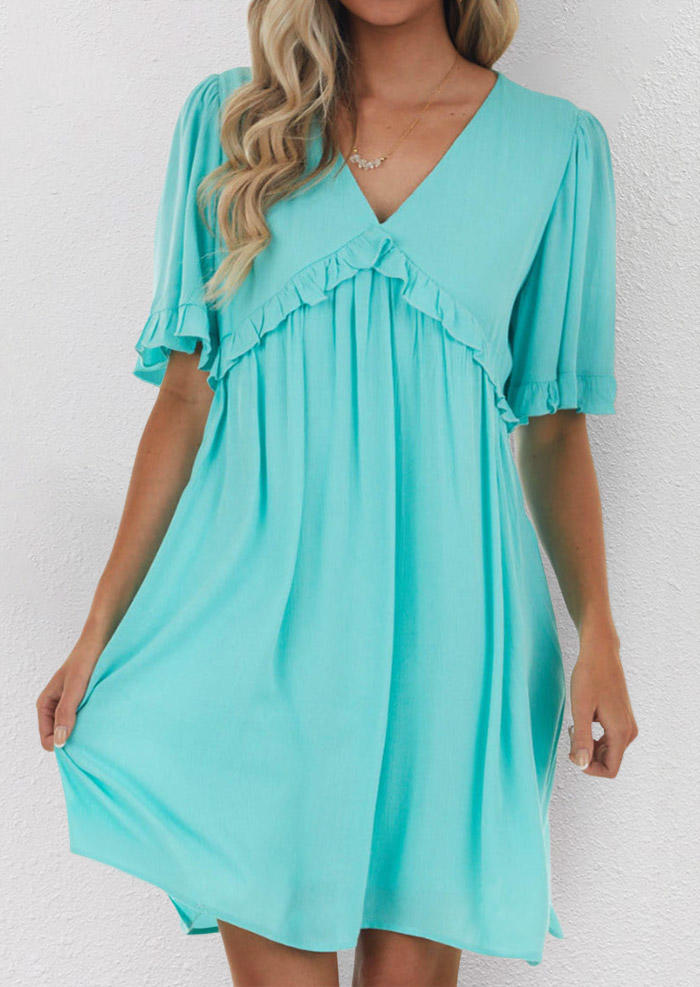 

Ruffled Button Hollow Out Mini Dress - Cyan, 536747