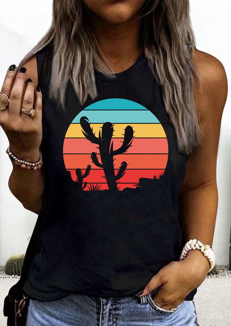 

Cactus Sunset O-Neck Casual Tank, Black, 536994