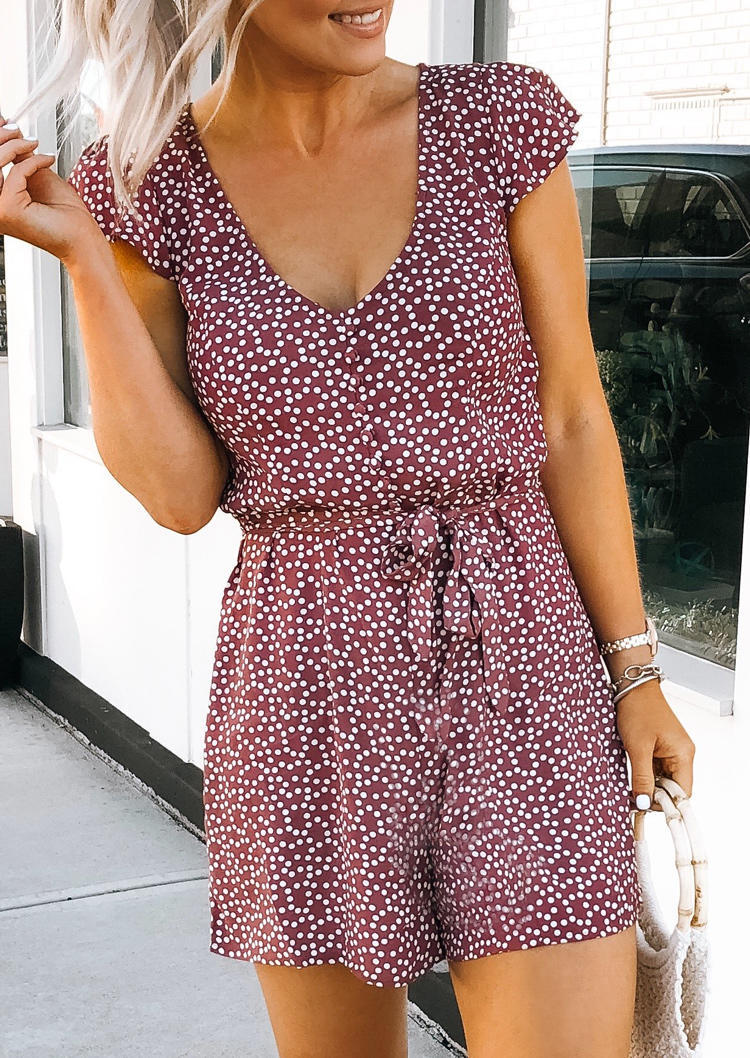 

Polka Dot Button Cap Sleeve Romper, Multicolor, SCM001676