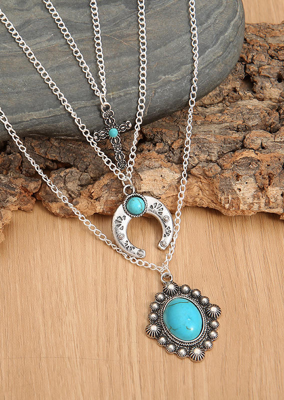 

Multi-Layered Turquoise Cross Moon Necklace, Silver, SCM001692