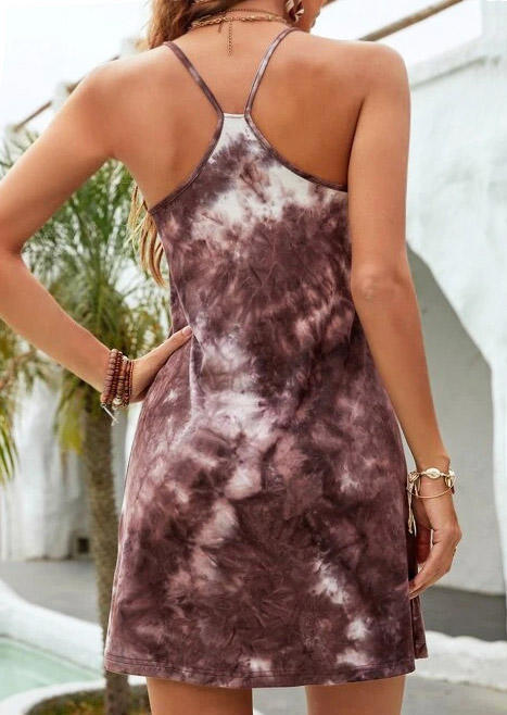 Tie Dye Spaghetti Strap Mini Dress - Brown