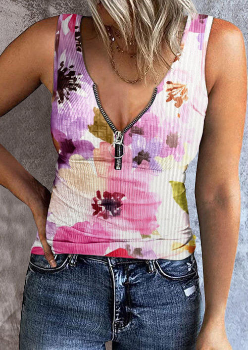 

Floral Zipper Casual Tank, Multicolor, SCM002340