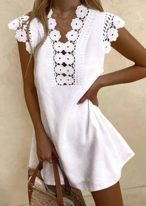 

Floral Hollow Out Lace Splicing Mini Dress - White, SCM002581