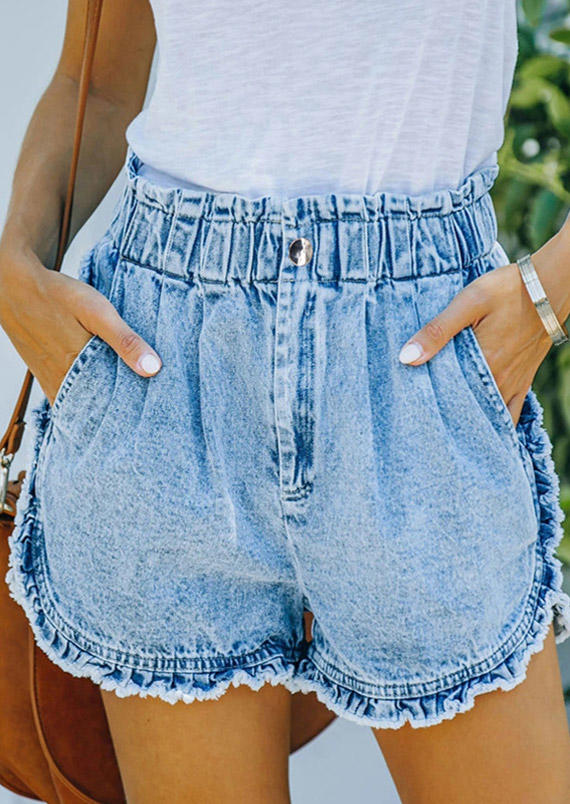 

Ruffled Frayed Hem High Waist Denim Shorts - Blue, SCM002602
