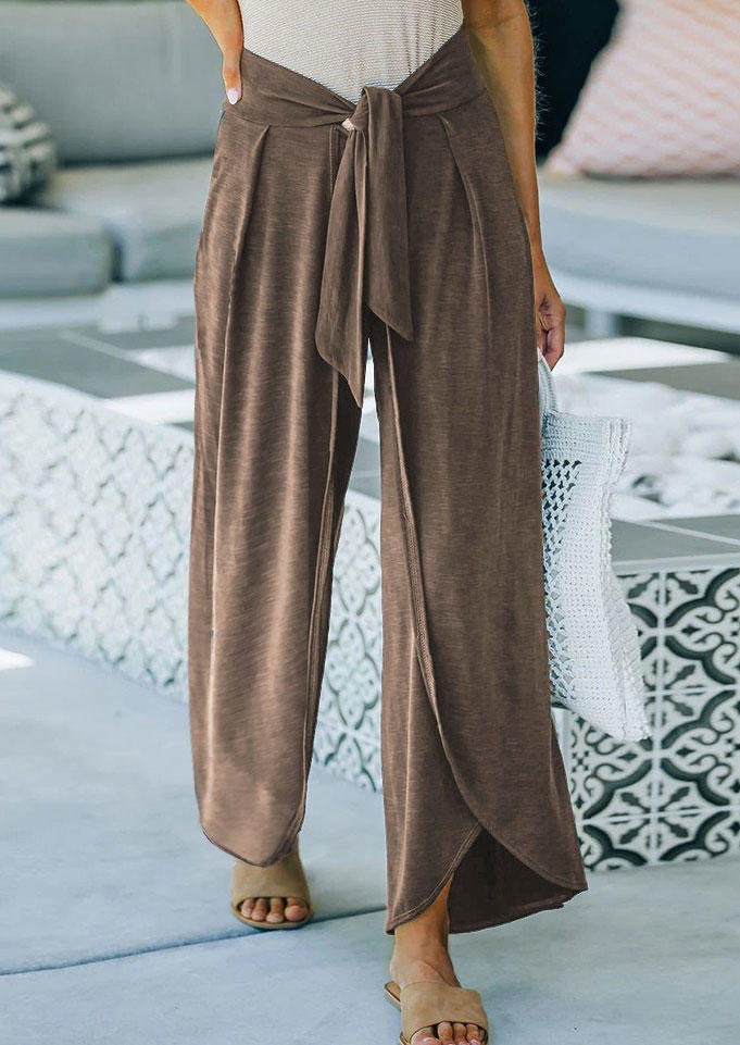 

Tie Slit Wide Leg Pants - Coffee, Brown, SCM002714