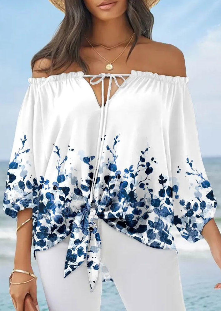 

Floral Off Shoulder Tie Blouse - White, SCM002899