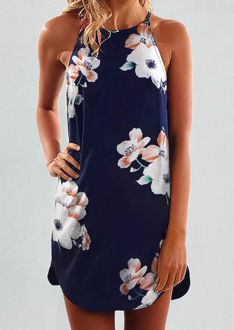 

Floral Spaghetti Strap O-Neck Mini Dress - Navy Blue, 536629