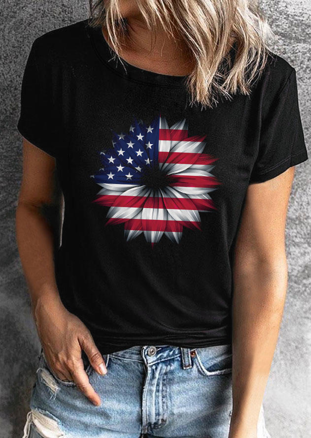 

American Flag Daisy O-Neck T-Shirt Tee - Black, 536658