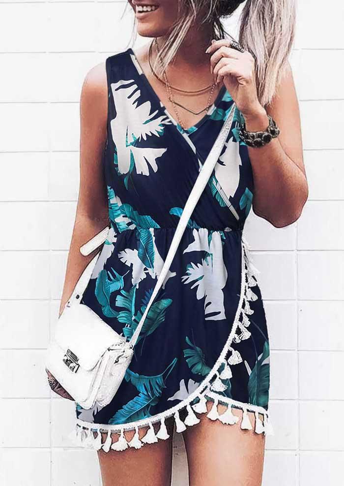 

Palm Tree Tassel V-Neck Mini Dress - Navy Blue, 536745