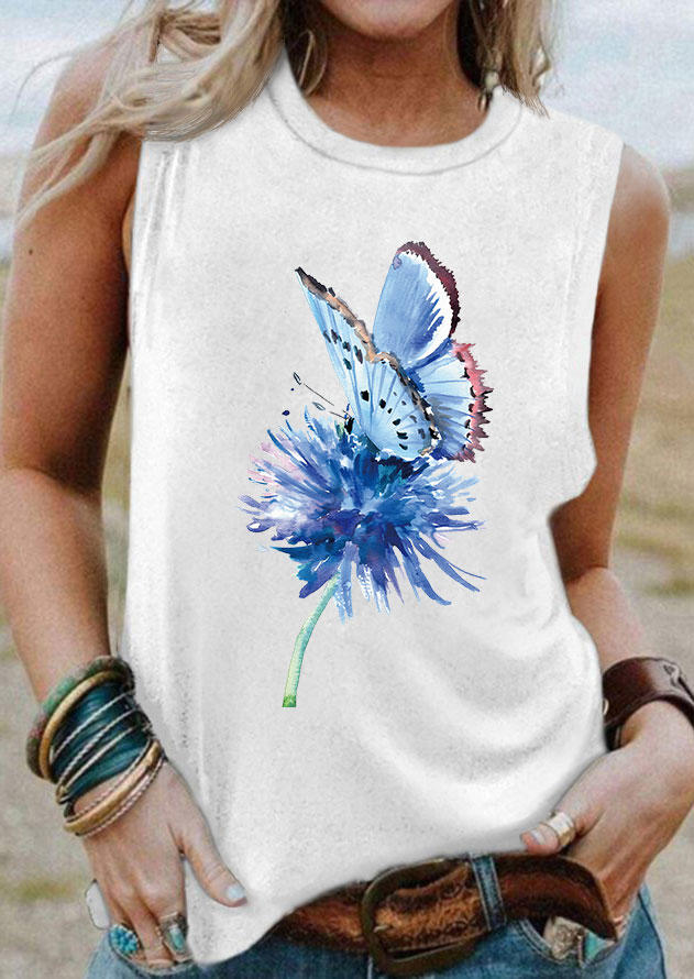 

Floral Butterfly O-Neck Tank - White, 537007