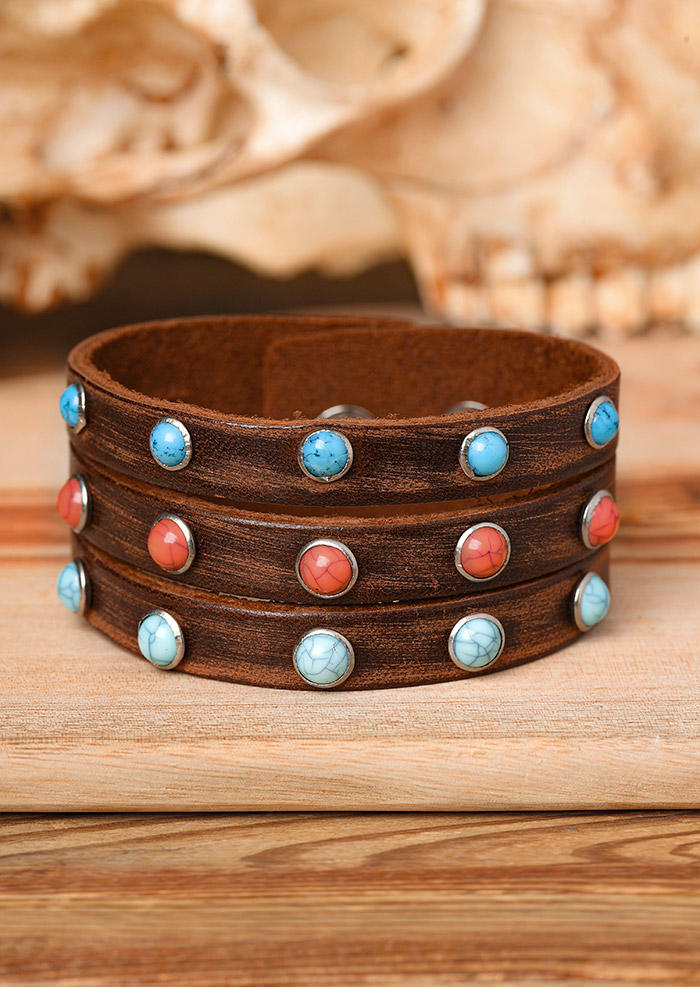 

Western Turquoise Leather Bracelet, Coffee, SCM001999