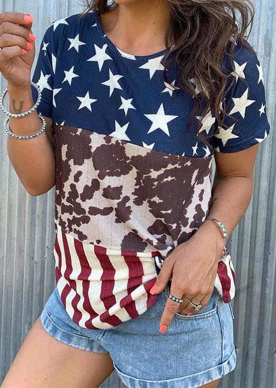 

American Flag Cow Color Block Blouse, Multicolor, SCM002112