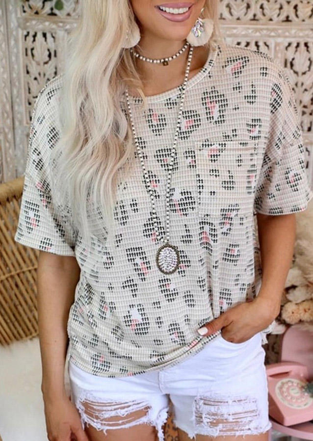 

Leopard Pocket Short Sleeve O-Neck Blouse, Multicolor, SCM002402