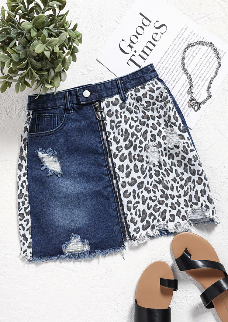 

Leopard Pocket Ripped Hole Denim Skirt - Deep Blue, SCM002466