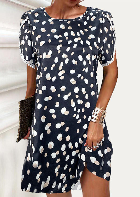 

Polka Dot O-Neck Mini Dress - Navy Blue, SCM002503