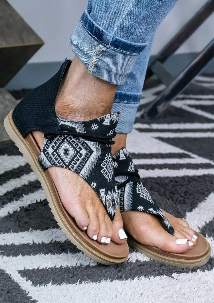 Aztec Geometric Zipper Flat Thong Sandals - Black, SCM002692