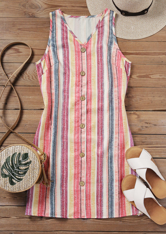 Vertical Striped Button V-Neck Sleeveless Mini Dress
