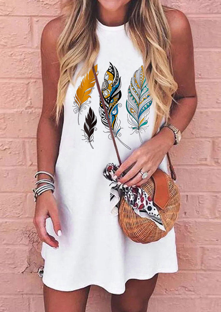 

Western Feather O-Neck Mini Dress - White, SCM003001