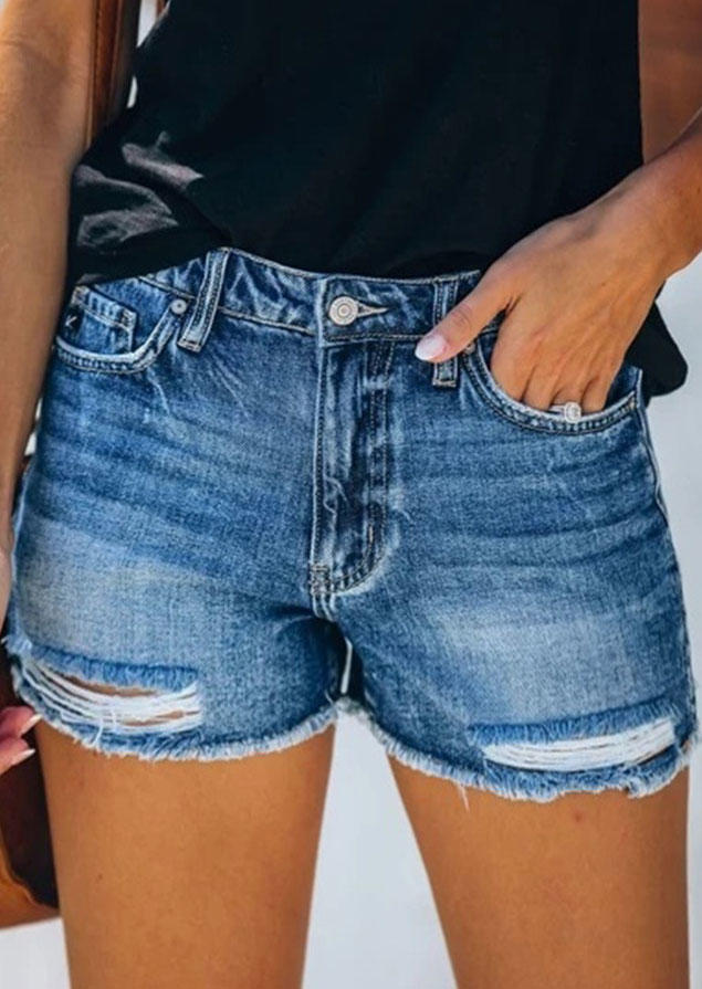 

Pocket Button Ripped Hole Denim Shorts - Blue, SCM003018