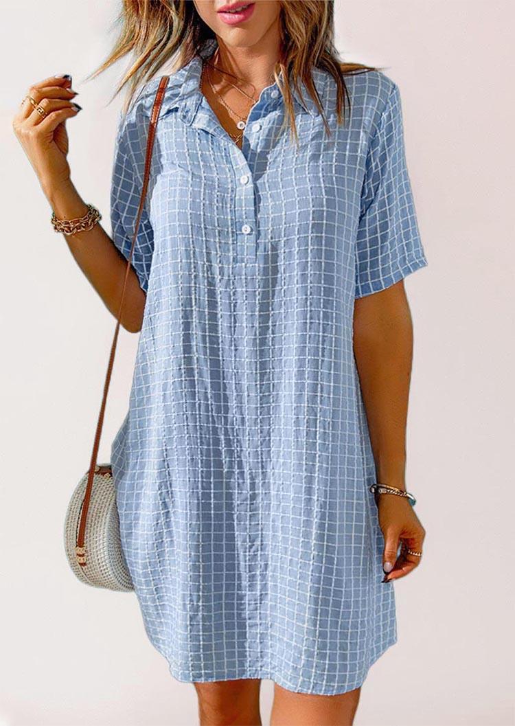 

Plaid Button Turn-down Collar Mini Dress - Blue, 536853