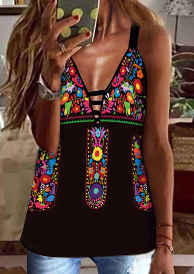 

Ethnic Floral Hollow Out Camisole, Black, 537040