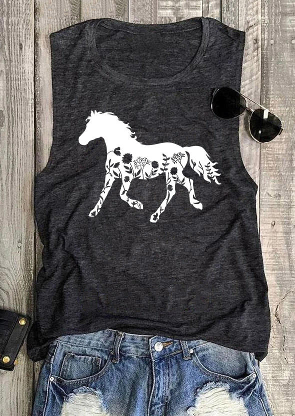 

Horse Floral O-Neck Tank - Dark Grey, 537041