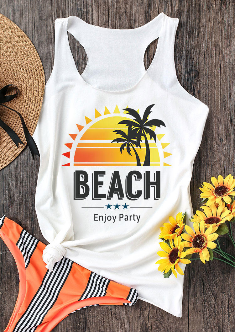 

Beach Enjoy Party Coconut Tree Sunset Racerback Tank - White, 537050