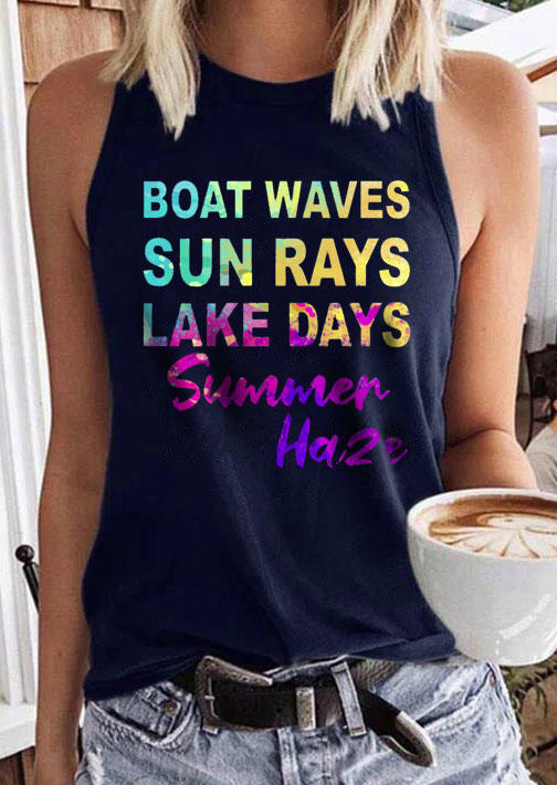

Boat Waves Sun Rays Lake Days Summer Haze Tank - Navy Blue, 537116