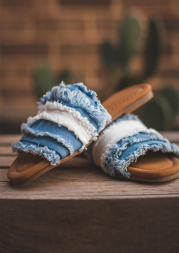 

Frayed Hem Denim Flat Slippers - Blue, SCM002366