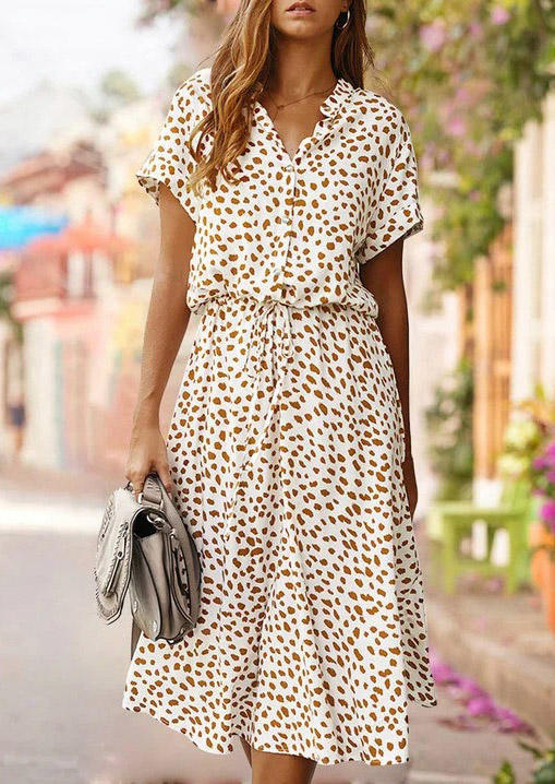 

Polka Dot Button Turn-Down Collar Tie Midi Dress - White, SCM002409