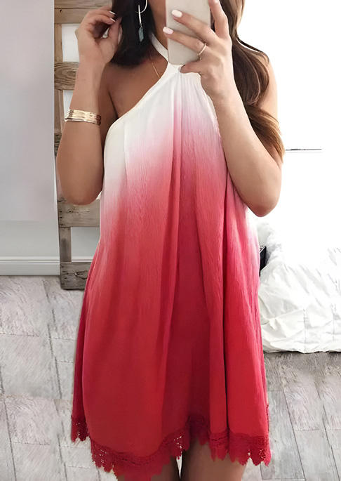 

Gradient Lace Splicing Halter Tie Open Back Mini Dress - White, SCM002547