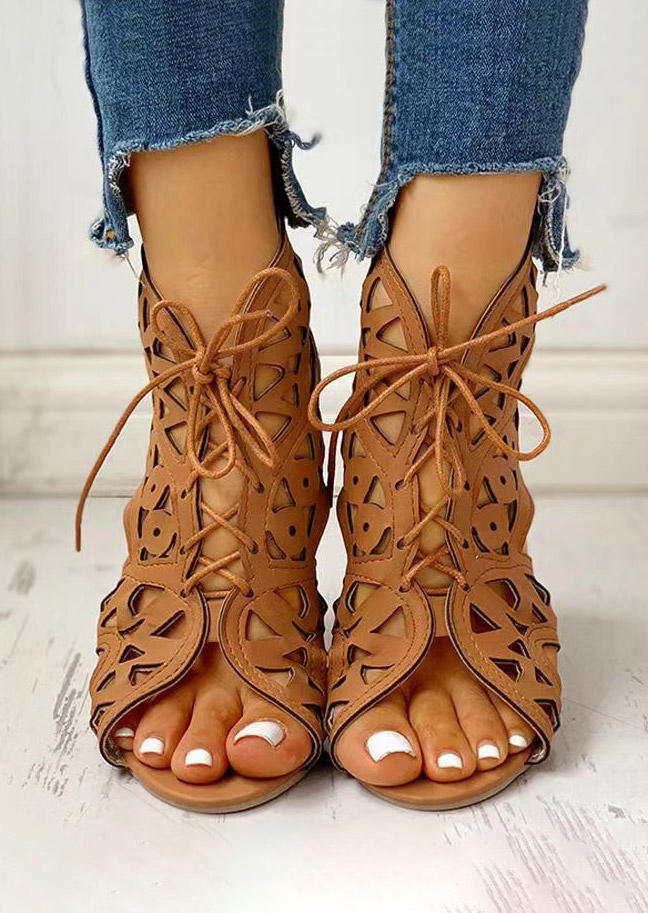 

Hollow Out Cross-Tied Wedge Sandals - Dark Brown, SCM002697