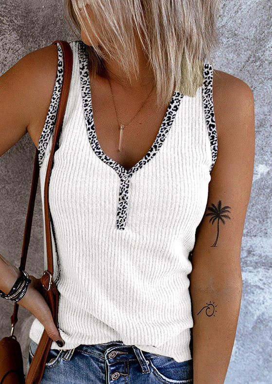 

Leopard Snap Button V-Neck Casual Tank - White, SCM002736