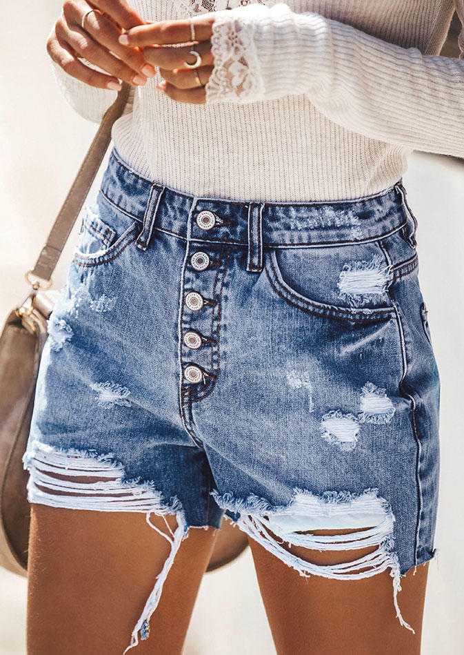 

Pocket Button Ripped Hole Denim Shorts - Light Blue, SCM002833