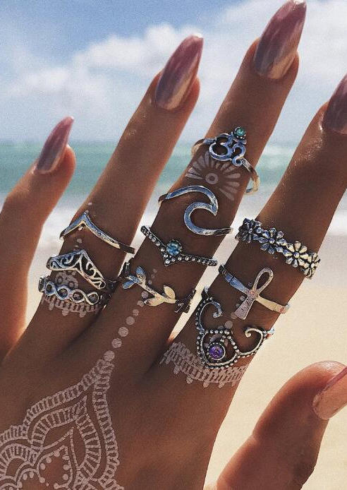 

10Pcs Floral Leaf Hollow Out Ring Set, Multicolor, SCM002910