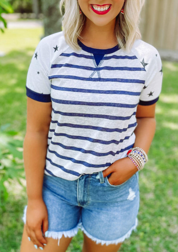 

Striped Star Raglan Sleeve Blouse, Multicolor, SCM002934