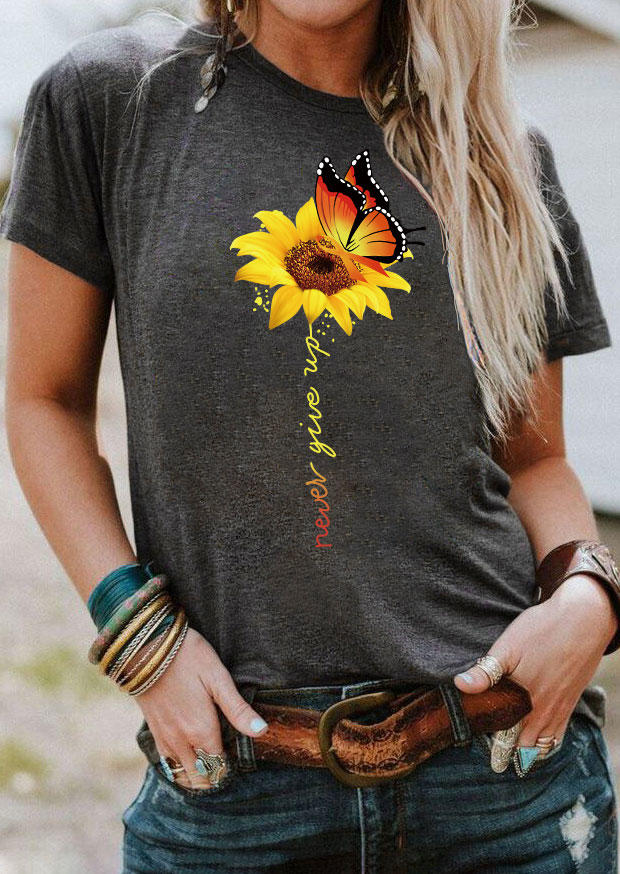 

Never Give Up Sunflower Butterfly T-Shirt Tee - Dark Grey, Gray, 537048