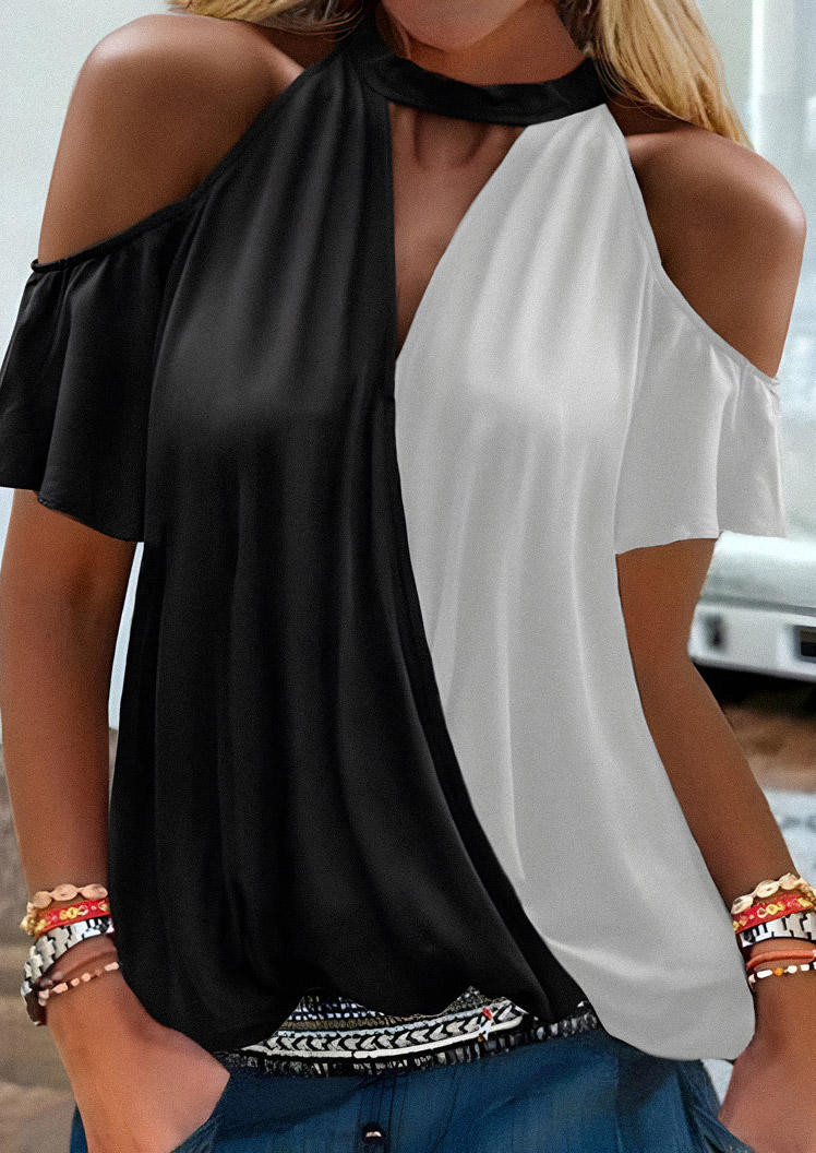 

Color Block Cold Shoulder Hollow Out Blouse - Black, SCM001630