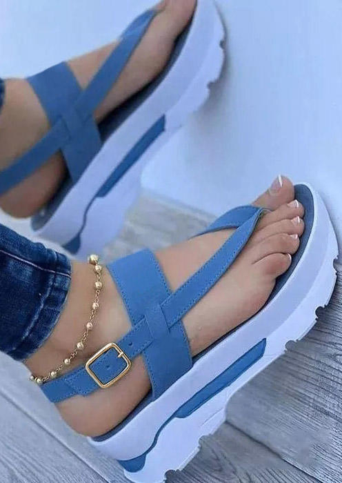 

Buckle Strap Flip Flops Wedge Sandals - Blue, SCM001683