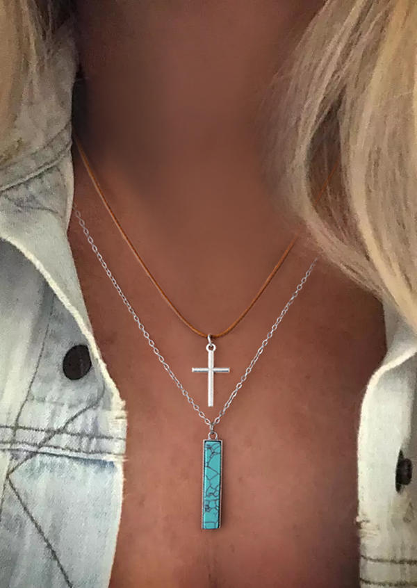 

2Pcs Turquoise Cross Pendant Necklace Set, Multicolor, SCM001998