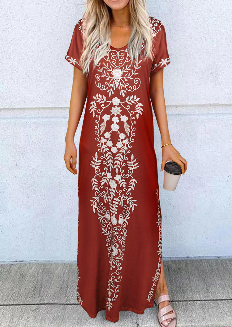 

Floral Slit V-Neck Maxi Dress - Brick Red, SCM002509