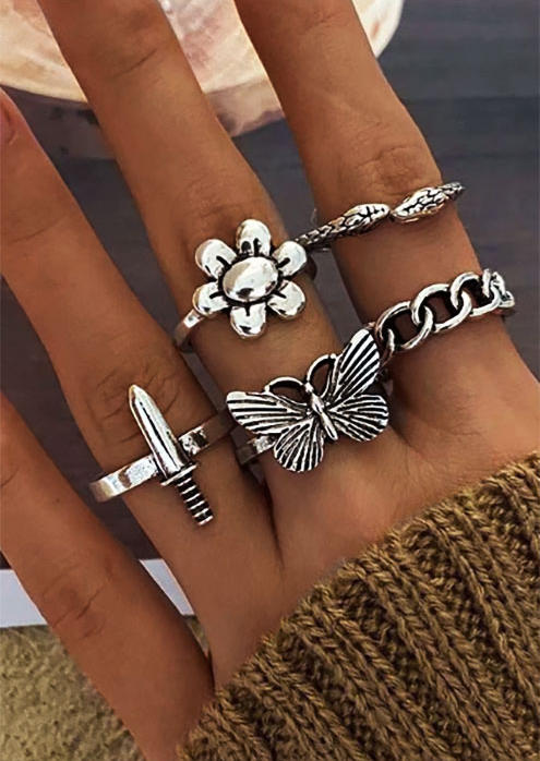 

5Pcs Floral Butterfly Snake Alloy Ring Set, Silver, SCM002624