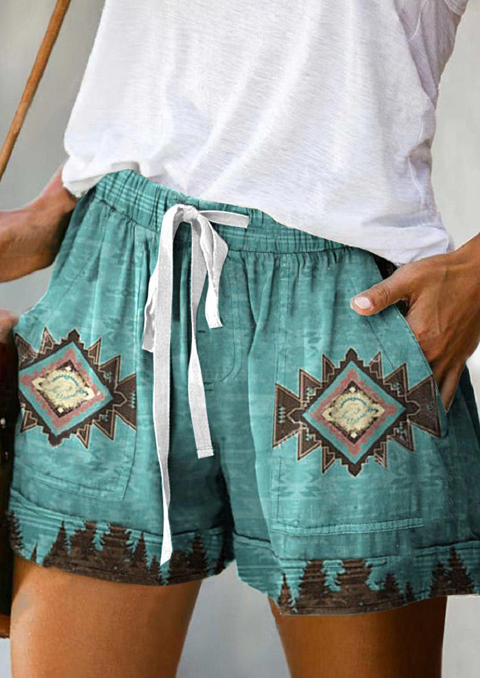 

Aztec Geometric Drawstring Pocket Shorts - Light Green, SCM002687