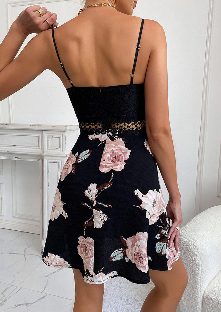 Floral Lace Splicing Spaghetti Strap Open Back Mini Dress - Black
