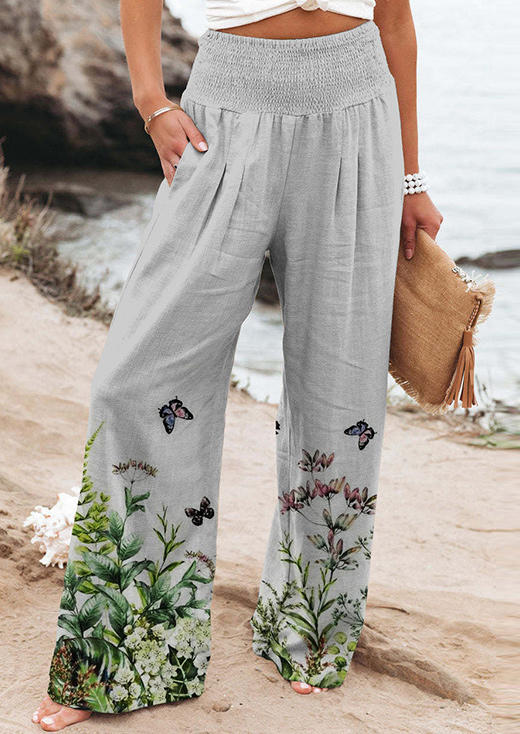 

Floral Butterfly Smocked Pocket Elastic Waist Wide Leg Pants, Multicolor, SCM002834