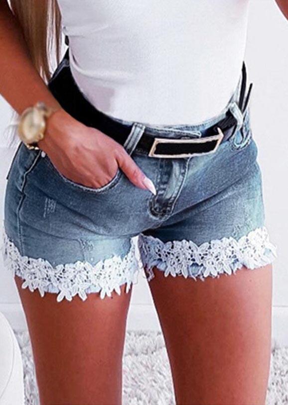 

Lace Splicing Pocket Denim Shorts without Belt - Light Blue, SCM002857