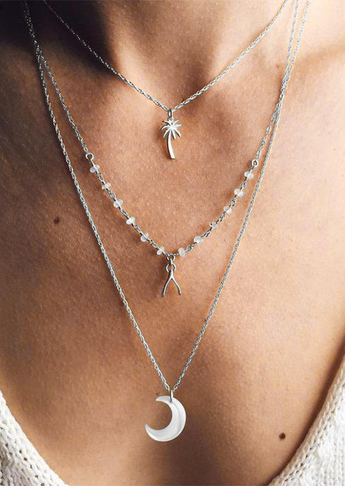 

Three-Layered Coconut Tree Moon Beading Necklace, Silver, SCM002924