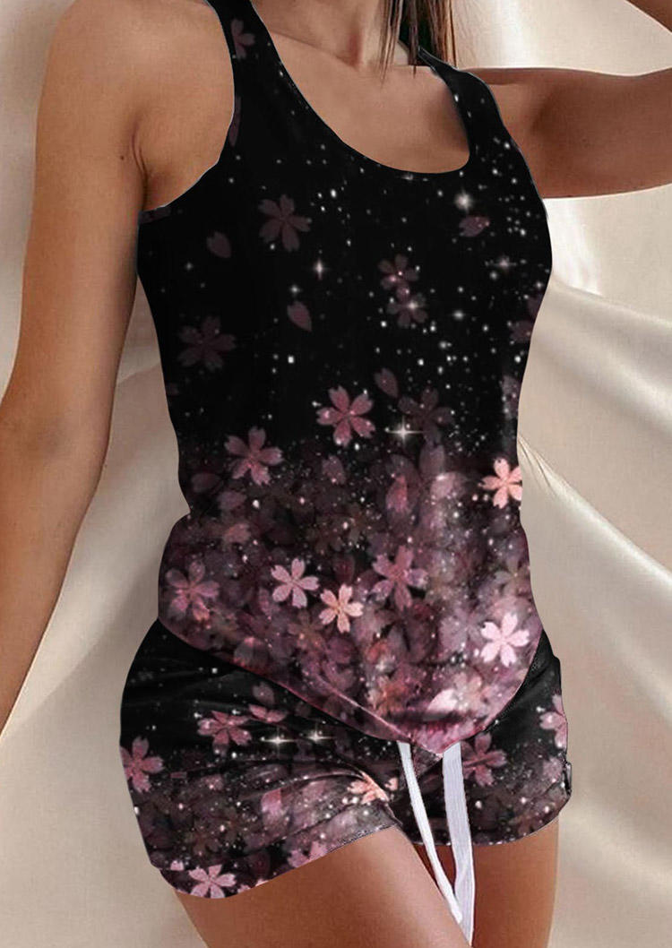 

Gradient Floral Racerback Tank And Shorts Two-Piece Set, Multicolor, SCM002942