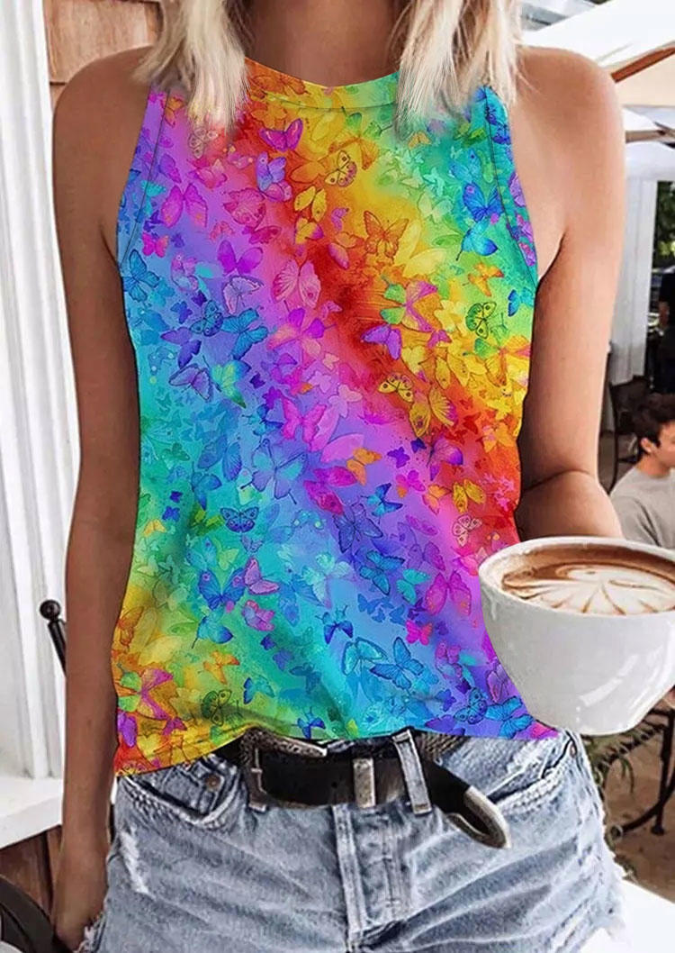 

Gradient Rainbow Butterfly O-Neck Tank, Multicolor, SCM003146