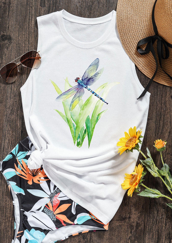 Dragonfly Grass O-Neck Casual Tank - White